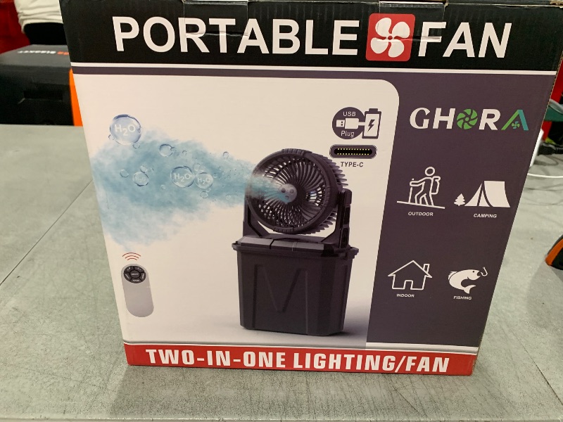 Photo 1 of GHORA Portable Misting Fan with Remote,Camping Fan with 20000mAh Rechargeable Battery,9L Water Tank,4 Speed Levels,4 Spray Modes,RGB Lights for Fishing,Travel,Garden Parties,Outdoor Indoor Cooling