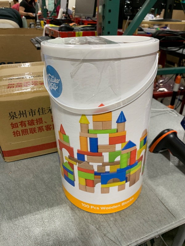Photo 1 of Pidoko Kids Building Blocks for Toddlers 1-3, 100 Pcs Wooden Blocks - Includes Storage Bucket and Shape Sorter Lid - Montessori Wood Block Gifts For Preschool Boys & Girls