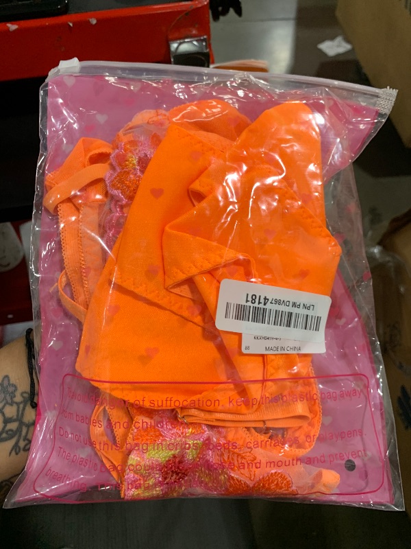 Photo 1 of Kaei&Shi Glow in the Dark Lingerie for Women,Underwire Floral Embroidered Sheer Lace Lingerie,G-String Matching 4 Piece Sexy Lingerie Set Petite Neon Orange Small