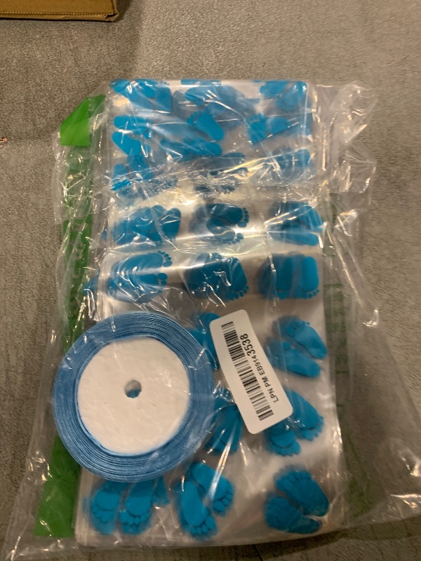 Photo 1 of Zonon 100 Pack Blue Cellophane Bags 11 x 5 Inch Plastic Candy Bags for Boy Baby Shower Cellophane Gift Goodie Treat Bag Footprint with Ribbons for Baby Shower Birthday Party Supplies