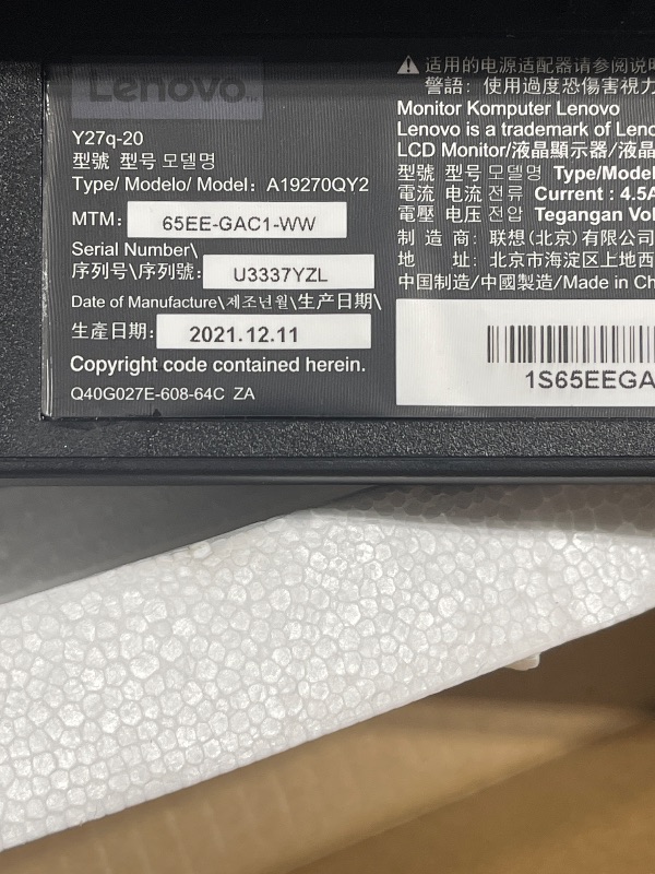 Photo 1 of Lenovo Legion Y27q-20 Gaming Monitor, 27” QHD Display, 165Hz, 0.1ms Response, AMD FreeSync/Gsync Compatible, Lift/Tilt/Pivot/Swivel Stand, HDMI 2.0 and DisplayPort 1.4, 350 nits, Raven Black