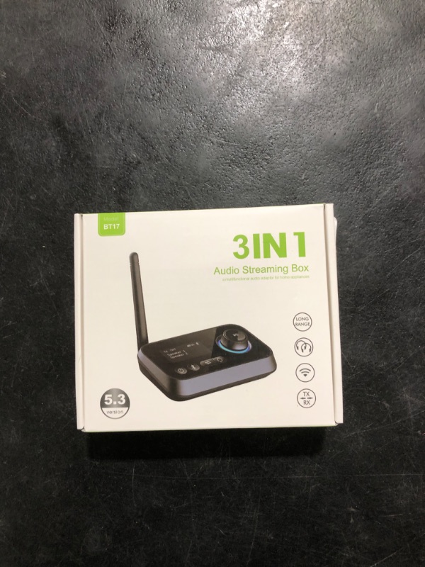 Photo 1 of Ainostone Bluetooth 5.3 Transmitter Receiver for 2 Headphones 3-in-1 Audio Adapter with Bypass Low Latency LCD Display ON/OFF Switch Volume Control Optical AUX RCA for Headphone Speaker TV Home Stereo