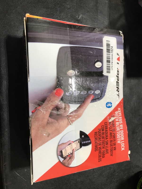 Photo 1 of Lippert Keyless RV Door Lock with 60' Bluetooth Range, Lighted Keypad Buttons, 3 Battery Modes, Aluminum Construction, Black Powder-Coated Finish, Right-Hand Latch Configuration - 2022119636