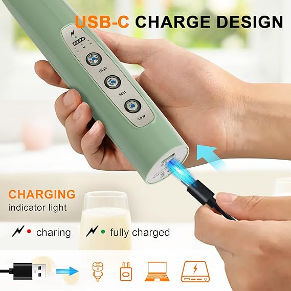 Photo 1 of YUSWKO Granite Green Handheld Milk Frother Wand for Coffee, Rechargeable Electric Whisk with 3 Heads 3 Speeds Drink Mixer Coffee Frother For Latte, Cappuccino, Hot Chocolate, Egg