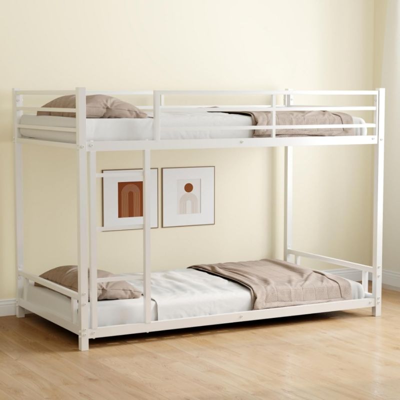 Photo 1 of Twin Bunk Bed, Metal bunk Bed with Ladders and Safety Guardrail, Noise Reduced and Space Saving, No Box Spring Needed, White