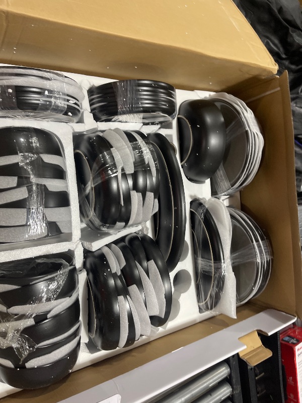 Photo 1 of Karaca Mercure Stoneware Plates and Bowls Set, Reactive Glaze Black Dinner Set, Complete Kitchen Tableware Collection, Ideal Dinnerware for 12 People Dining Experience, Dishwasher Safe, 59 Piece