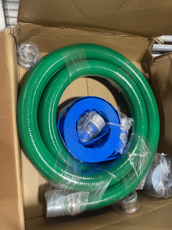 Photo 1 of 3 inch suction discharge hose pump kit for water/trash pump includes 3" x 65ft blue backwash hose & 3"x20ft green pvc hose & aluminum round hole suction strainer, cam and groove lock fitting adapter