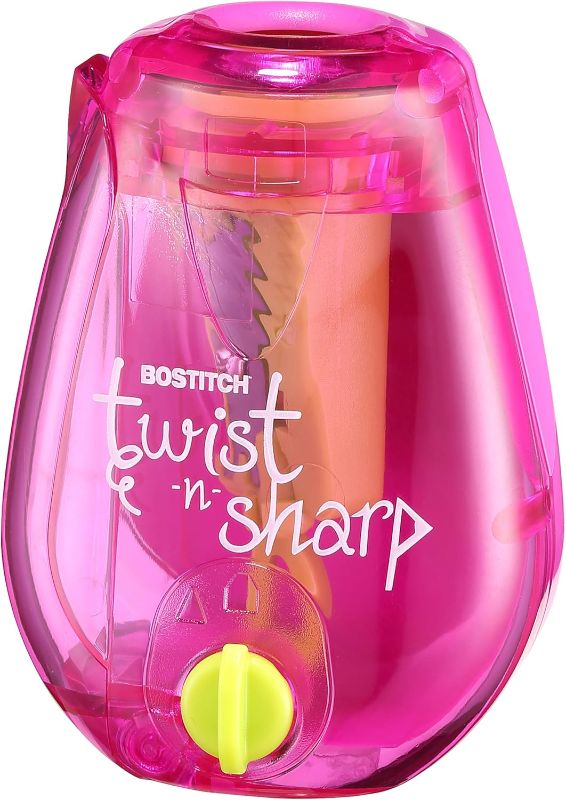 Photo 1 of Bostitch Office Pencil Sharpener Twist-N-Sharp Colored Manual Small Pencil Sharpeners Hand Held, 1 Pack, Covered, Pink Portable Handheld Sharpener with Cover, PS1-PINK-EC
