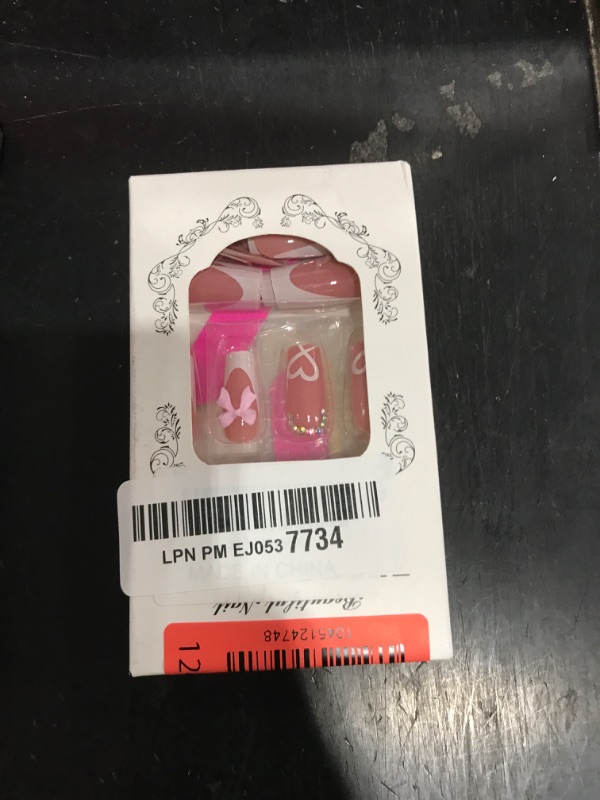Photo 1 of YKZFUI French Tip Press on Nails with Charms Medium Fake Nails White French Nails Press ons Cute Bow Stick on Nails Long Square Shape Acrylic Nails Heart Nails Rhinestones Nails for Women Daily Wear