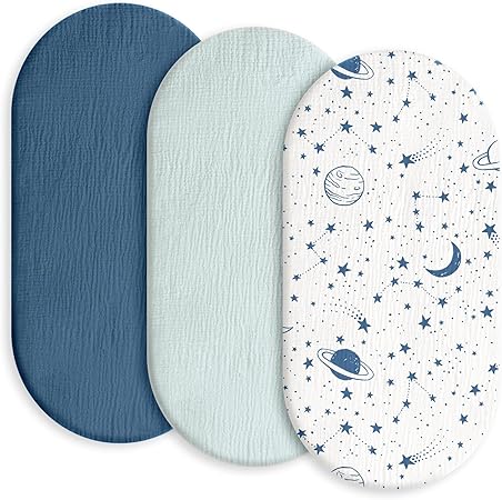 Photo 1 of Gllquen Baby Muslin Bassinet Sheets 3 Pack, Breathable Elastic Cozy Fitted Cotton Bassinet Mattress Sheet for Baby Boy Girls, Fit for Hourglass Oval Rectangular Cradle Pad Sheets 33"X17" (Blue)
