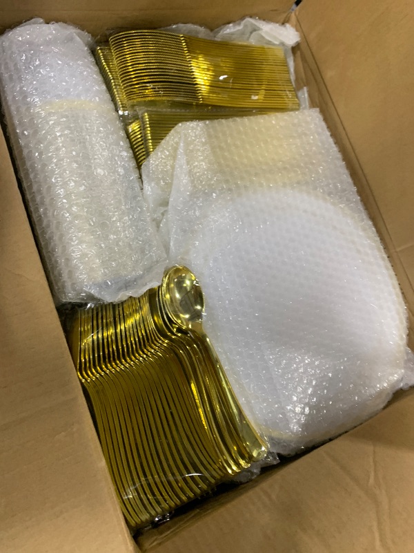Photo 1 of Goodluck 600 Pieces Gold Disposable Plates for 100 Guests, Plastic Plates for Party, Dinnerware Set of 100 Dinner and 100 Dessert Plates, 100 Spoons, 100 Forks, 100 Knives, 100 Cups