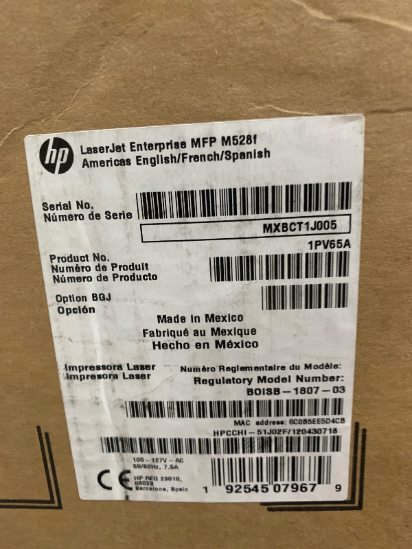 Photo 1 of HP LaserJet Enterprise MFP M528f Monochrome All-in-One Printer with built-in Ethernet & 2-sided printing (1PV65A), White