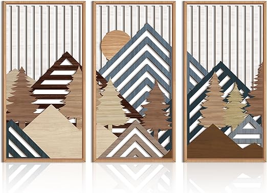 Photo 1 of IARTTOP Large Mountain Wood Wall Art 16"x32"x3 Abstract Forest Wall Sculpture Geometric Boho Sunset Wilderness Artwork for Bedroom Living Room Office
