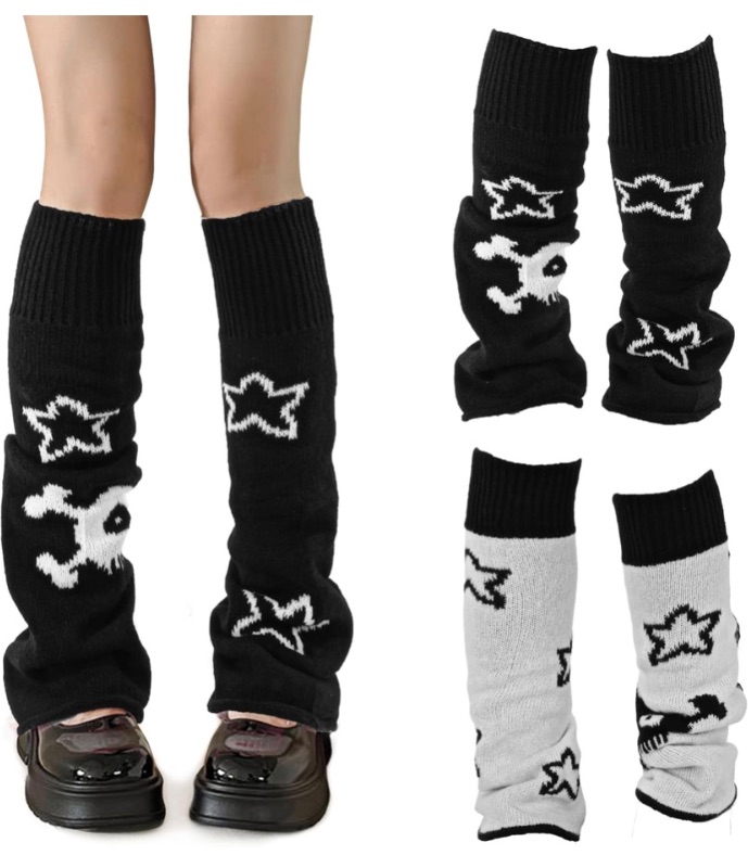 Photo 1 of Star Black Leg Warmers for Girls, Skelanimals Y2k Gothic Skull Print Legwarmers, Wear Both Sides Kawaii Fluffy Gothic Accessory