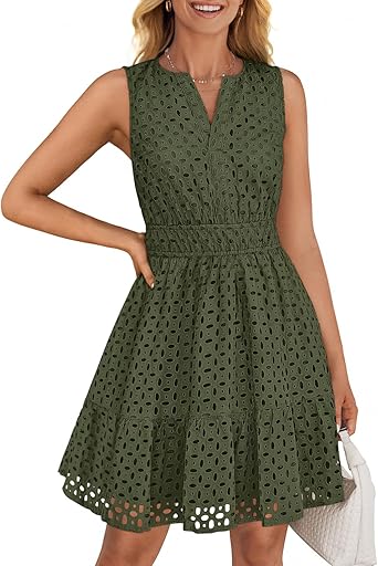 Photo 1 of ZESICA Women's Summer Sleeveless Mini Dress V Neck Hollow Out Eyelet High Waist A Line Swing Short Party Dresses,ArmyGreen,Large