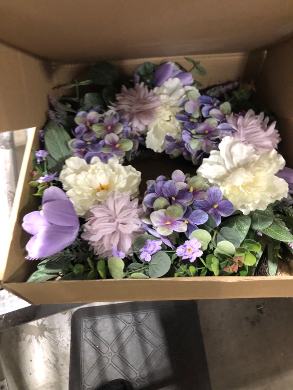 Photo 1 of 24" Purple Floral Spring Front Door Wreath, Handcrafted with Artificial Hydrangea Dahlia Peony Tulip Lavender - Spring Summer Flower Wreath Decoration for Home Door Wall (Indoor/Outdoor)