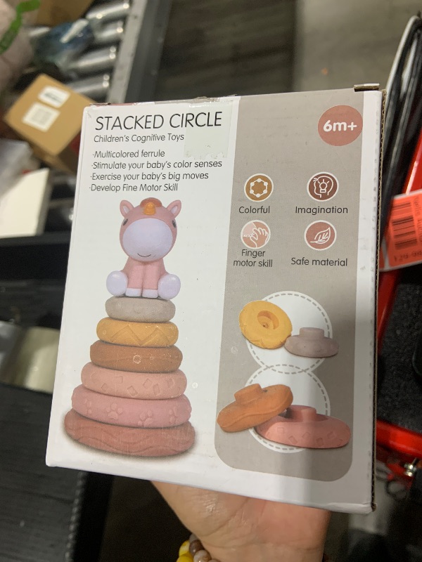 Photo 1 of Nueplay 7 Pcs Stacking & Nesting Baby Toys, Squeeze Teething Toys and Building Circle with Pink Horse Figure, Newborn Essentials for 6 12 18 Months Toddler Girls