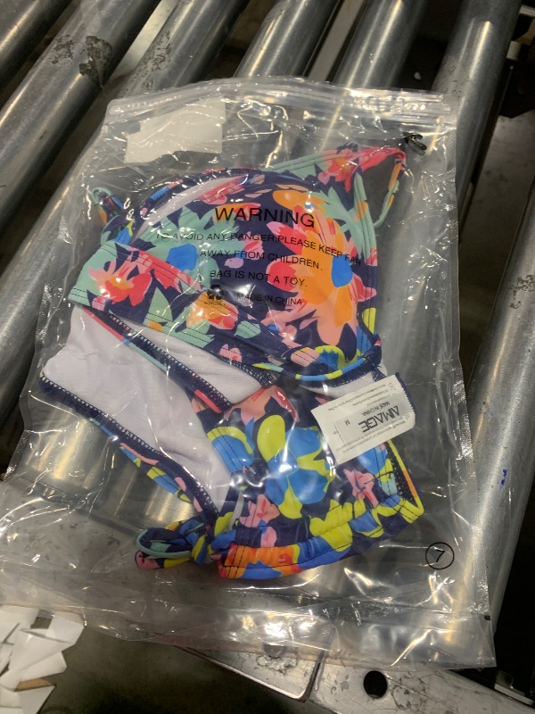 Photo 1 of AI'MAGE Bikini Set for Women High Waisted Two Piece Swimsuits Sexy V Neck Bathing Suit 2025 Navy Multi Floral Medium