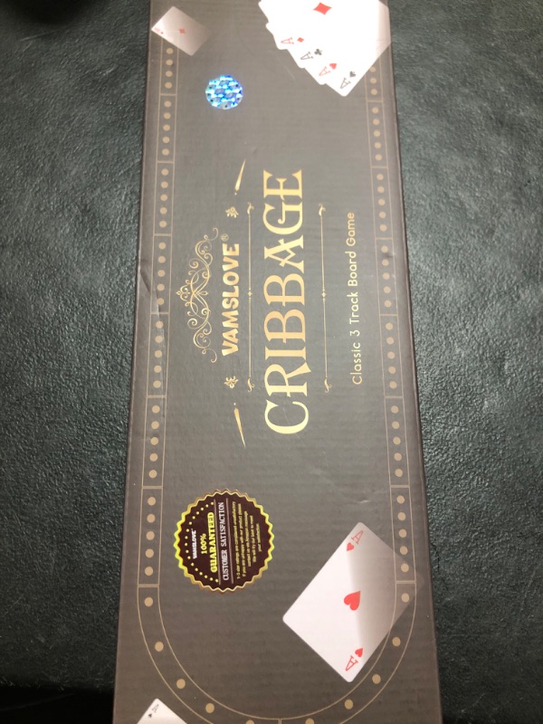 Photo 1 of VAMSLOVE 16'' Cribbage Board Game Set Wooden 3-Track Scoreboard with Large Slots for Storing 2 Playing Cards and 9 Metal Pegs, Travel Family Game Night (Instruction Included)