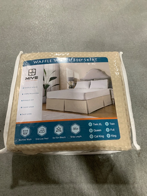 Photo 1 of MIYE Pleated Waffle Weave Bed Skirt, Tailored Dust Ruffle 18 Inch Drop Easy Fit, Machine Washable,No Split Corners (Cream, King - 18" Drop)