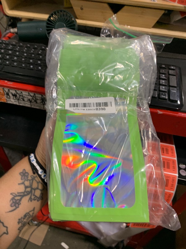 Photo 1 of 100 Pieces Smell Proof Mylar Resealable Bags, Holographic Packaging Bags, Resealable Odor Foil Pouch Zip Bags with Clear Window for Food Storage and Lipgloss, Jewelry Lash (Green, 4.3 x 7.5 Inch)