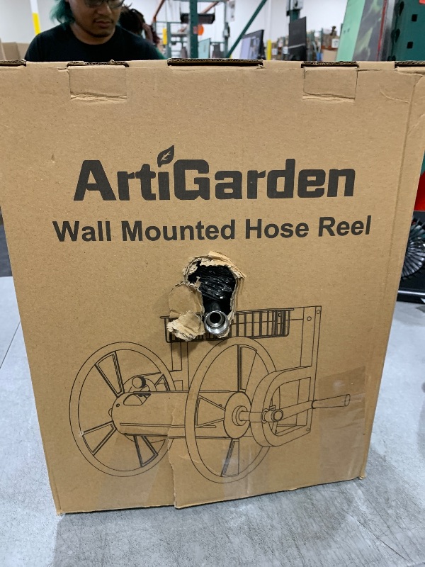 Photo 1 of Artigarden Outdoor Garden Hose Reel Wall Mount, Heavy-Duty Water Hose Holder Winder with 3.9 ft Leader Hose, Brass Fitting and Storage Basket for Yard, Holds 125 Feet of 5/8-Inch Hose, Black