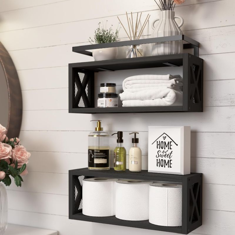Photo 1 of RICHER HOUSE Floating Shelves with Guardrail, Rustic Wood Shelves for Wall Décor, Farmhouse Bathroom Accessories Wall Mounted, Bathroom Wall Organizer over Toilet Storage, Kitchen, Living Room - Black
