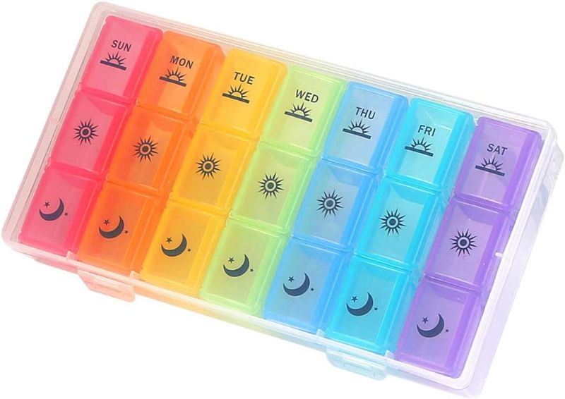 Photo 1 of Weekly Pill Organizer,3-Times-A-Day 7 Day Pill Box Large Compartments Moisture-Proof Pill Case Medication Reminder Portable Travel Container for Vitamins Fish Oil Compartments Supplements
