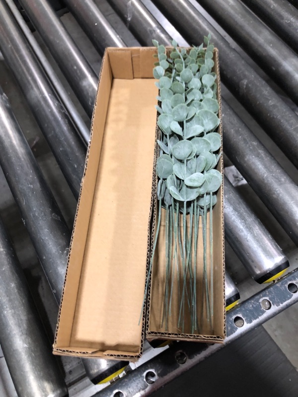 Photo 1 of Ouddy Decor 20 Pcs Fake Eucalyptus Leaves Stems 14.2" Tall Silver Dollar Artificial Greenery Stems for Home Wedding Faux Eucalyptus Plant Bride Bouquet Vase Floral Arrangement (Grey Green with Seeds)
