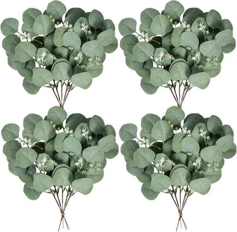Photo 1 of Ouddy Decor 20 Pcs Fake Eucalyptus Leaves Stems 14.2" Tall Silver Dollar Artificial Greenery Stems for Home Wedding Faux Eucalyptus Plant Bride Bouquet Vase Floral Arrangement (Grey Green with Seeds)
