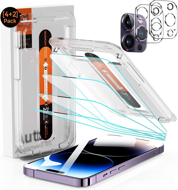 Photo 1 of DIMONCOAT [4+2 Pack for iPhone 14 Pro Screen Protector [Auto Alignment Kit] with Camera Lens Protector [10X Military Protection] Tempered Glass Compatible iPhone 14 Pro 6.1'' HD Film [Bubble Free]
