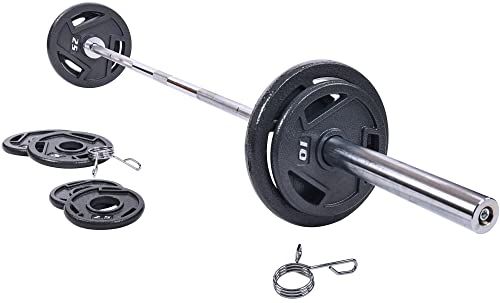 Photo 1 of Signature Fitness Cast Iron Olympic 2-Inch Weight Plates Including 7FT Olympic Barbell, 130-Pound Set (85 Pounds Plates + 45 Pounds Barbell), Multiple
