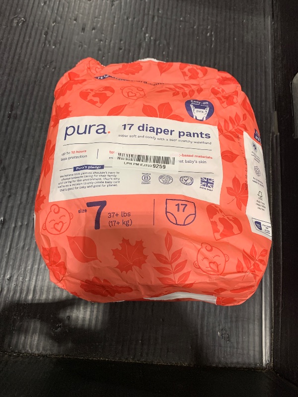 Photo 1 of Pura Hypoallergenic Diaper Pants Size 7 (37+ lbs) Overnight, up to 12 Hours Leak Protection, Suitable for Sensitive Skin, Totally Chlorine Free, Soft Organic Cotton, 1 Pack of 17 Pull Up Pants
