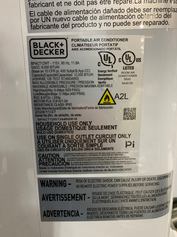 Photo 1 of BLACK+DECKER Smart Portable Air Conditioner, 12,000 BTU for Rooms up to 550 Sq. Ft., Smart Portable AC with Follow Me Remote and Window Kit, BPACT12WT, White