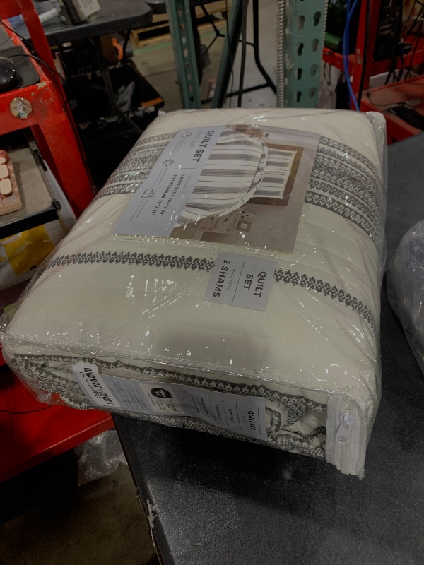Photo 1 of Great Bay Home King Reversible Quilt Bedding Set - All Season, Modern, Lightweight Bedspreads - White and Grey Striped Coverlets (Includes 1 Quilt, 2 Pillow Shams)