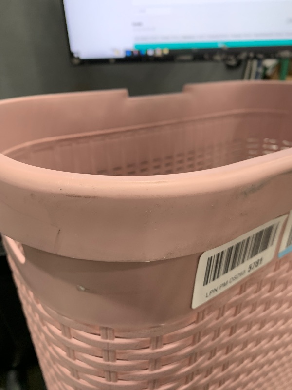 Photo 1 of **DIRTY FROM WAREHOUSE TRANSPORT** Mind Reader 40L Slim Laundry Hamper, Clothes Basket, Lid, Wicker Design, Plastic, 18"L x 10.4"W x 23.5"H, Pink