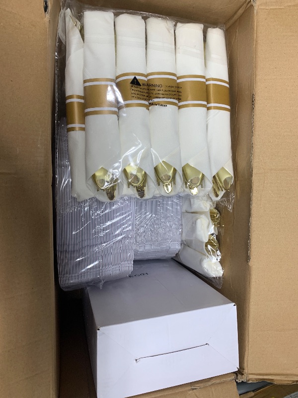 Photo 1 of (FAIR) Nervure 350PCS Gold Plastic Plates - Gold Plastic Dinnerware Sets for 50 Guests - 100 Gold Disposable Plates, 150 Gold Plastic Silverware, 50 Cups, 50 Napkins for Wedding & Party