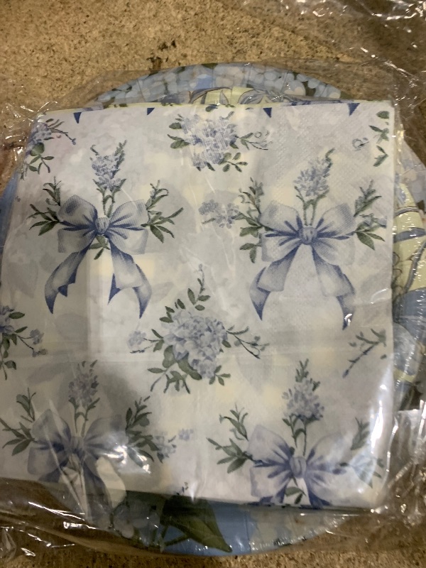 Photo 1 of 60Pcs Floral Plates and Napkins-Blue White Party Supplies Vintage Flower Tea Party Decorations for Birthday,Baby Shower