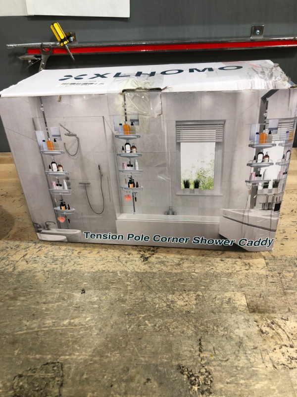 Photo 1 of XLHOMO 32-122inch Corner Shower Caddy Tension Pole Grey, Rustproof Drill-Free Shower Shelves for Bathroom Bathtub Washbasin, Adjustable Shower Organizer with 4 Tier Patent Stable Shelves & Towel Bars