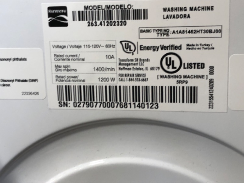 Photo 1 of Kenmore 24” Front Load Washer with Accela Wash, Active Spray, Active Rinse and Steam Option, 2.2 Cubic Ft. Total Capacity, Energy Star Certified, White