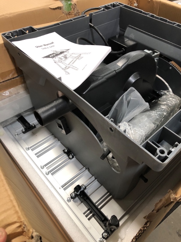 Photo 1 of *PLASTIC DAMAGED* Table Saw, 10 Inch 15A Multifunctional Saw With Stand & Push Stick, 90° Cross Cut & 0-45° Bevel Cut, 5000RPM, Adjustable Blade Height for Woodworking, Grey