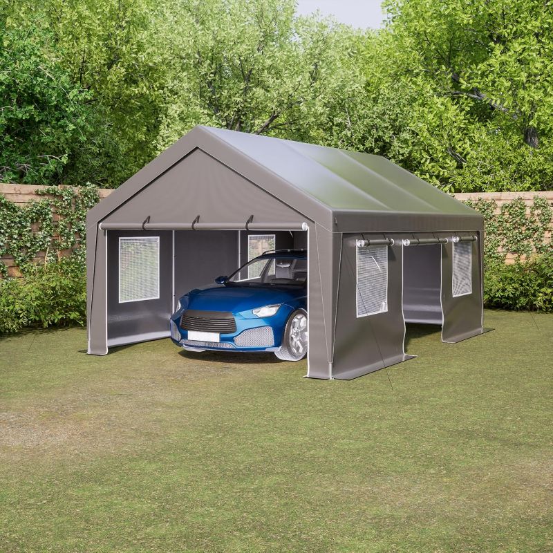 Photo 1 of Aprilsoul Outdoor 13x20 FT Carport, Heavy Duty Canopy Storage Shed with Mesh Windows and Galvanized Steel Tube, All-Season Tarp, Wide Range of Appliaction for Car, Boat and Reunion, Gray
