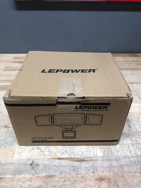 Photo 1 of LEPOWER LED Security Light Motion Sensor Light Outdoor, 38W 4200LM Motion Security Light, 5500K, IP65 Waterproof, 3 Head Motion Detected Flood Light for Garage, Yard, Porch (Not Solar Powered, Brown)