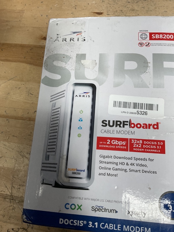 Photo 1 of ARRIS (SB8200) - Cable Modem - Fast DOCSIS 3.1 32x8 Gigabit Cable Modem , Approved for Comcast Xfinity, Cox, Charter Spectrum, & more | 1 Gbps Max Internet Speed, 4 OFDM Channels