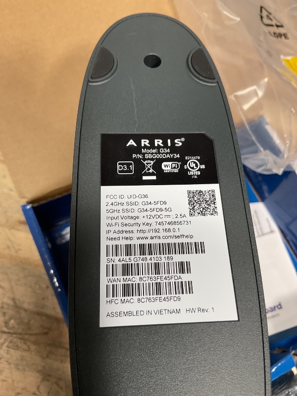 Photo 1 of ARRIS (G34) - Cable Modem Router Combo - Fast DOCSIS 3.1 Gigabit WiFi 6 (AX3000), Approved for Comcast Xfinity, Cox, Spectrum & More, 1 Gbps Max Internet Speeds