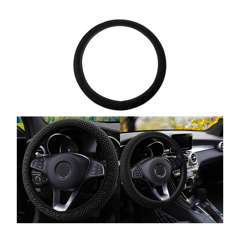 Photo 1 of Elastic Stretch Steering Wheel Cover, Universal 15 Inch Automotive Steering Wheel Cover, Microfiber Breathable Ice Silk, Anti-Slip, Odorless, Easy Carry,Warm in Winter and Cool in Summer (Black)