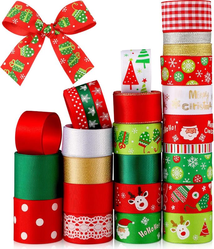 Photo 1 of 27 Styles Christmas Ribbon Xmas Grosgrain Ribbon Wrapping Ribbon for Holiday Hair Bows Gift Wrapping, 0.4 Inches, 1 Inches and 1.5 Inches
