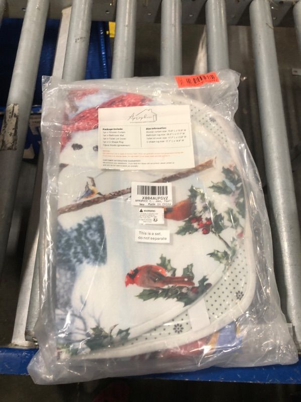 Photo 1 of APROPHIC Christmas Snowman Shower Curtain Sets with Rugs for Bathroom Decor, Non-Slip Absorbent Rug, U-Shaped Bath Mat, Toilet Lid Cover, Cardinal Xmas Winter 4 Piece Bathroom Sets with Hooks, 72x72