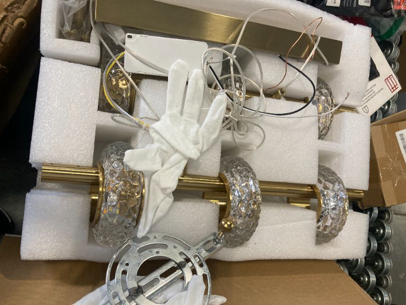 Photo 1 of *MISSING REMOTE**YaJaguse Dimmable Modern LED Chandelier with Remote Control, Crystal Dining Room Light Fixtures Over Table, 3000K-6500K Gold Linear Pendant Light for Kitchen Island