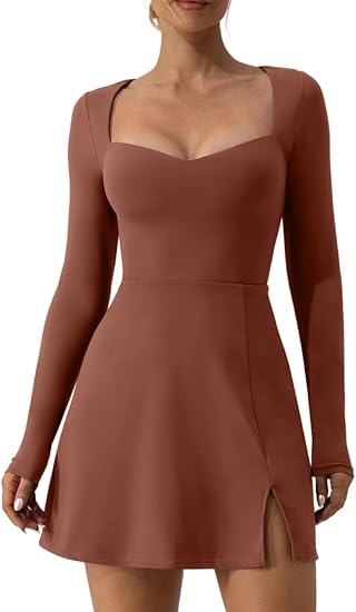 Photo 1 of ***SMALL SIZE, color might be different*** QINSEN Women's Sweettheart Neckline Long Sleeve Dress Side Slit Stretch Flare Mini Dress

